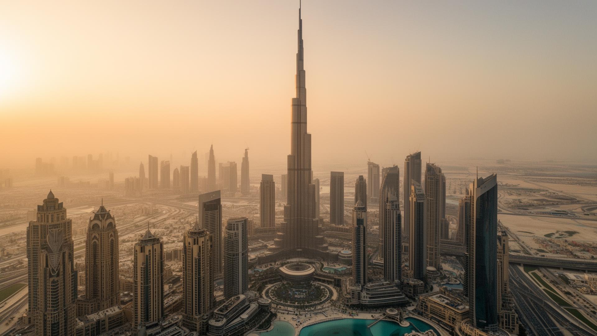 Dubai skyline at golden hour, anchored by the Burj Khalifa